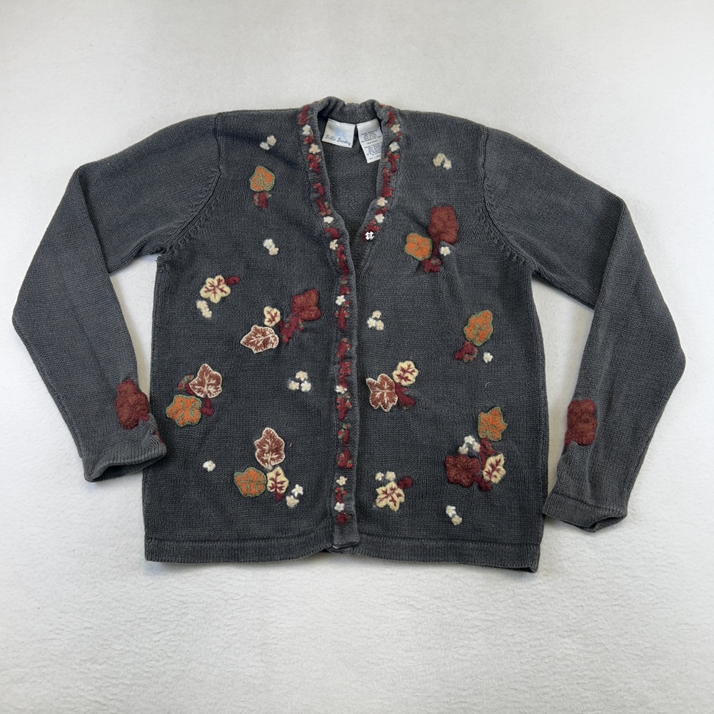 Bobbie Brooks Sweater Womens Small Gray Floral Leaf Embroidered Cardigan Fall